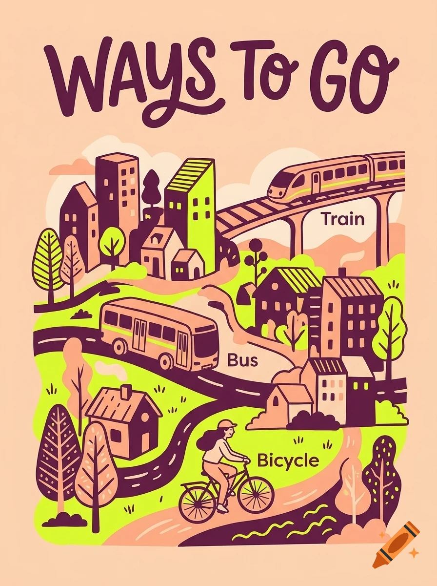An illustrated poster titled Ways To Go showing a city with a train, bus, and person on a bicycle.