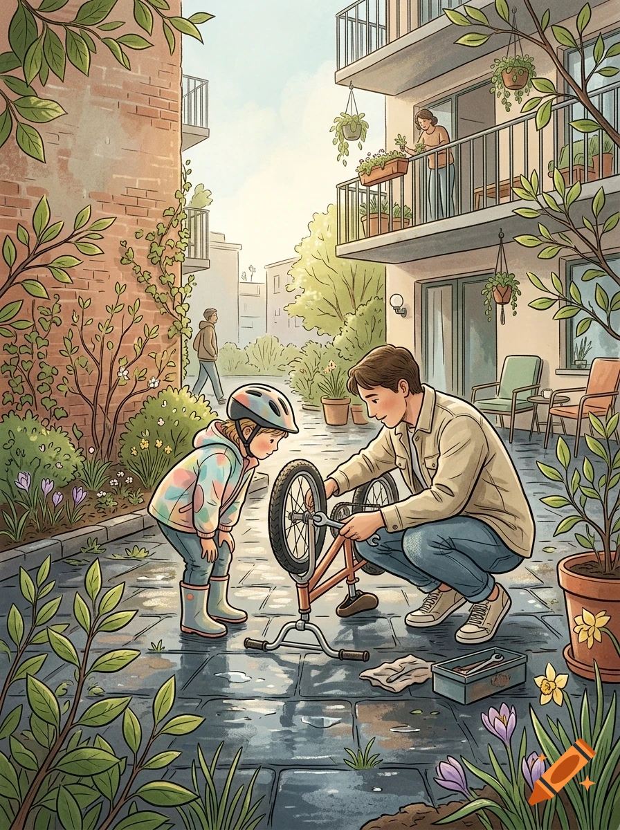 An adult repairs a child's bicycle in an apartment courtyard while the child watches, surrounded by potted plants.