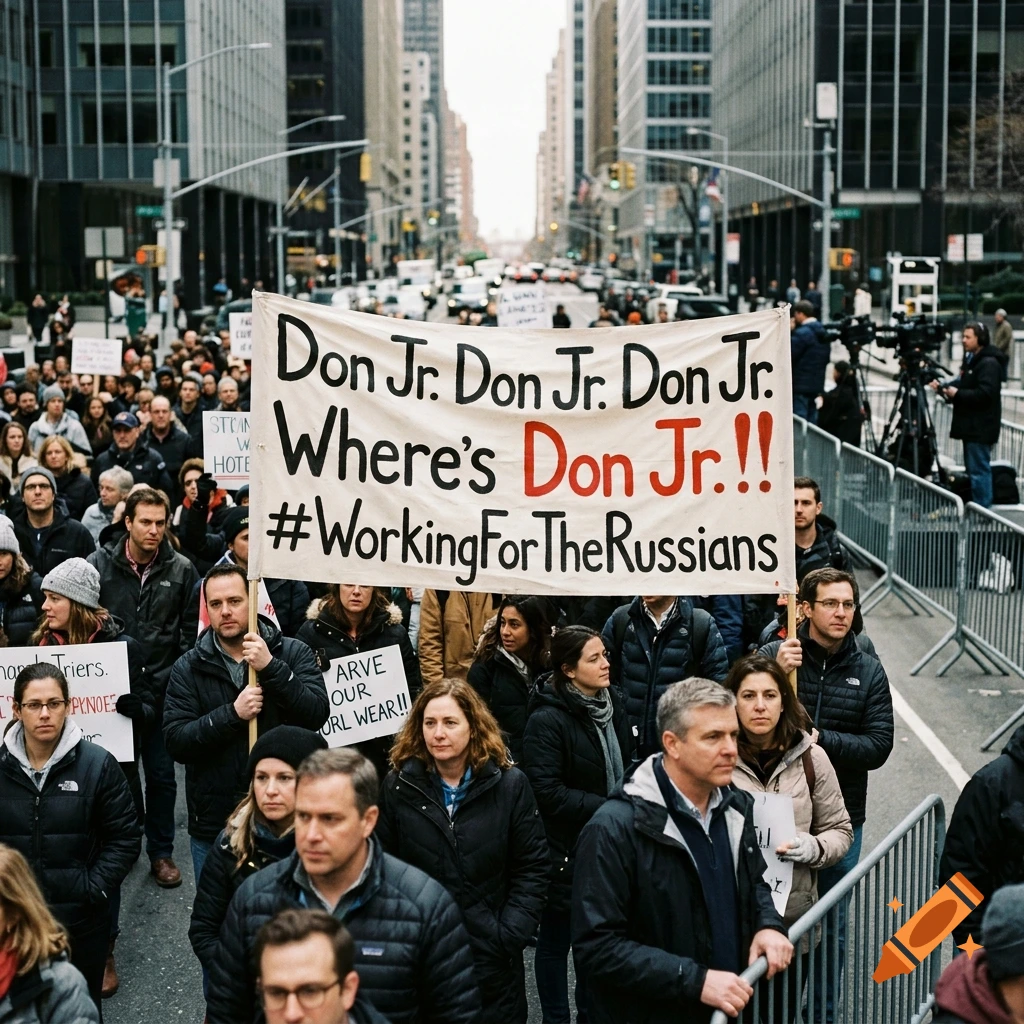 Photorealistic image of a crowd of people protesting in a city street, holding a large banner that reads Don Jr. Where's Don Jr!!