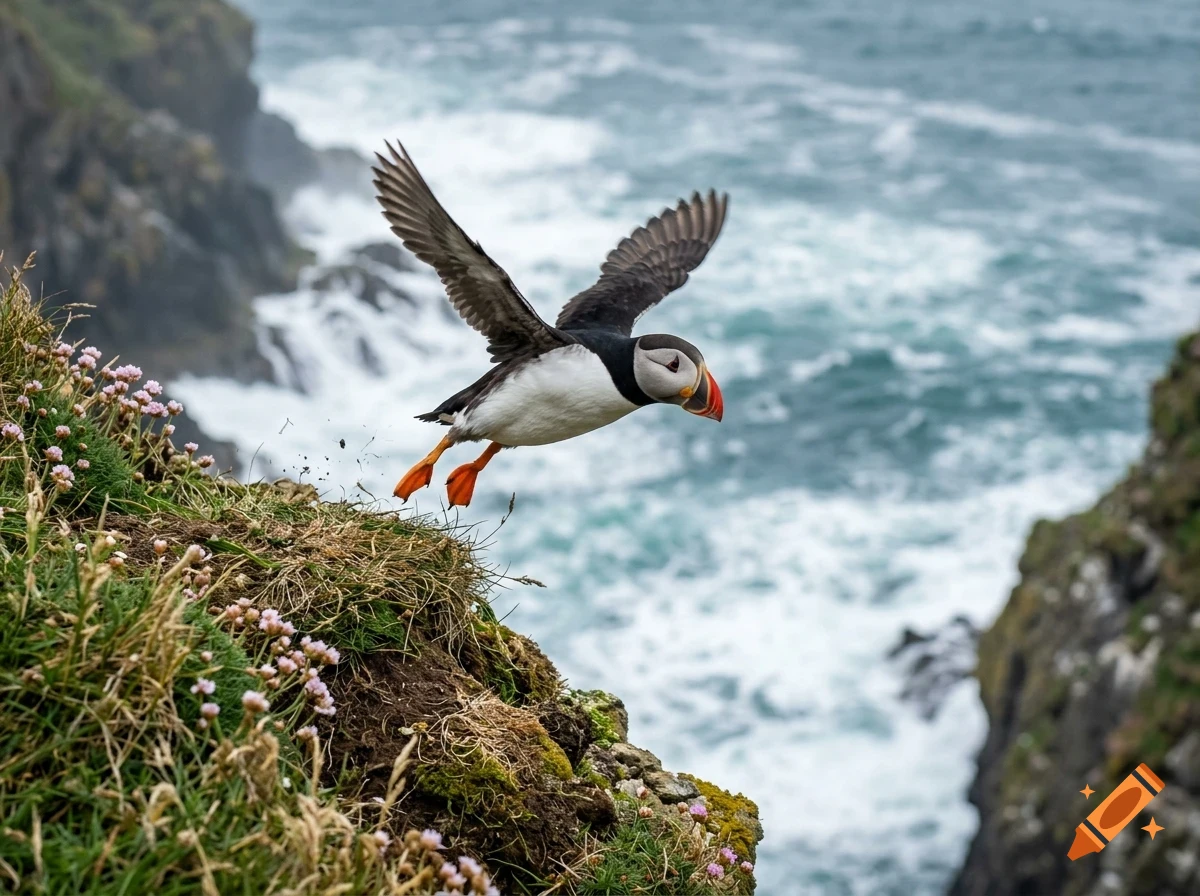 An Atlantic puffin takes flight from a grassy coastal cliff overlooking a choppy ocean.