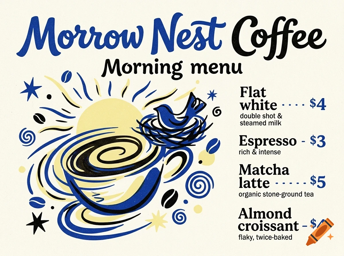 An illustrated coffee shop morning menu with a coffee cup, sun, and bird graphic, featuring items like flat white and espresso.