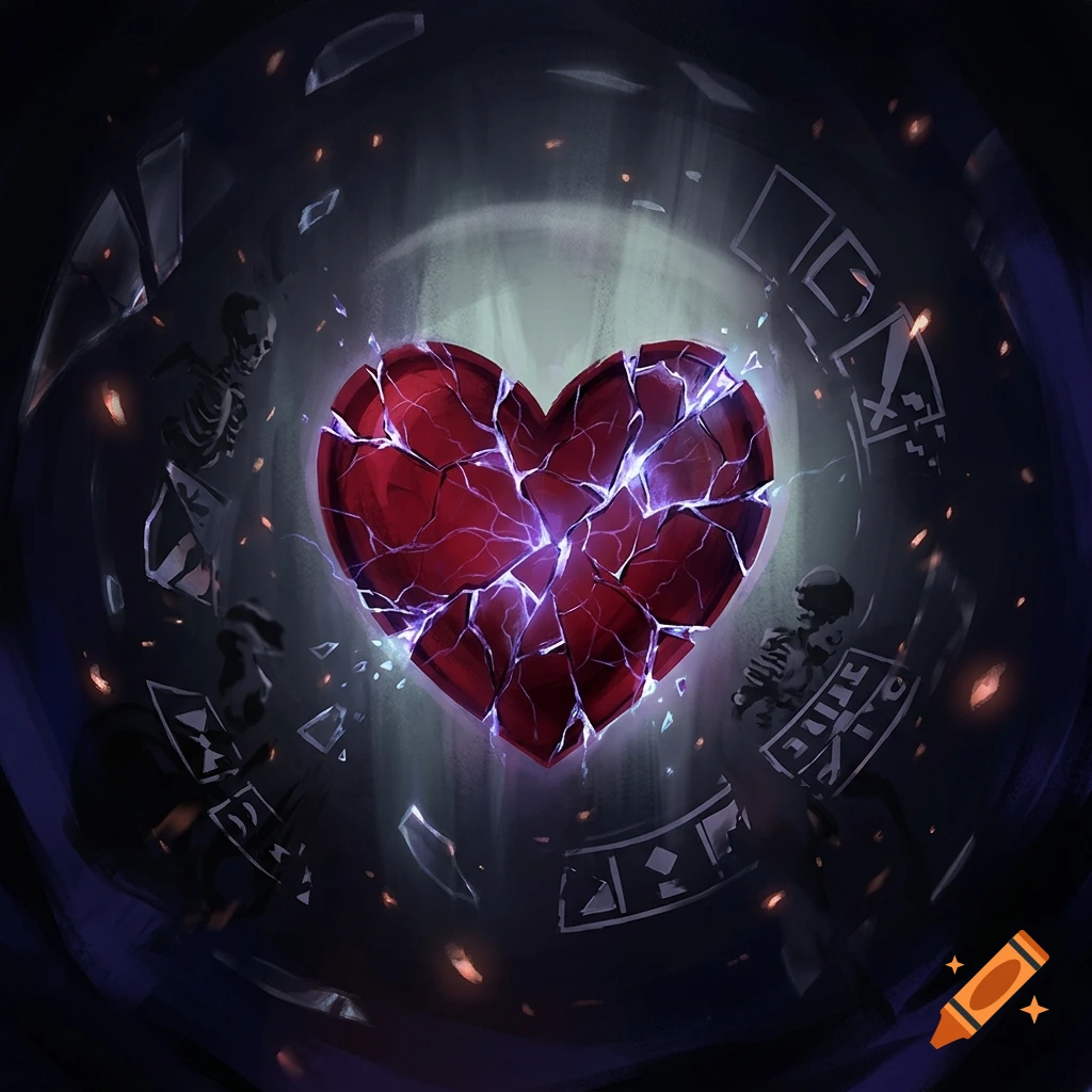 A glowing red cracked heart floating in a dark, ethereal space with glowing particles and abstract shapes.