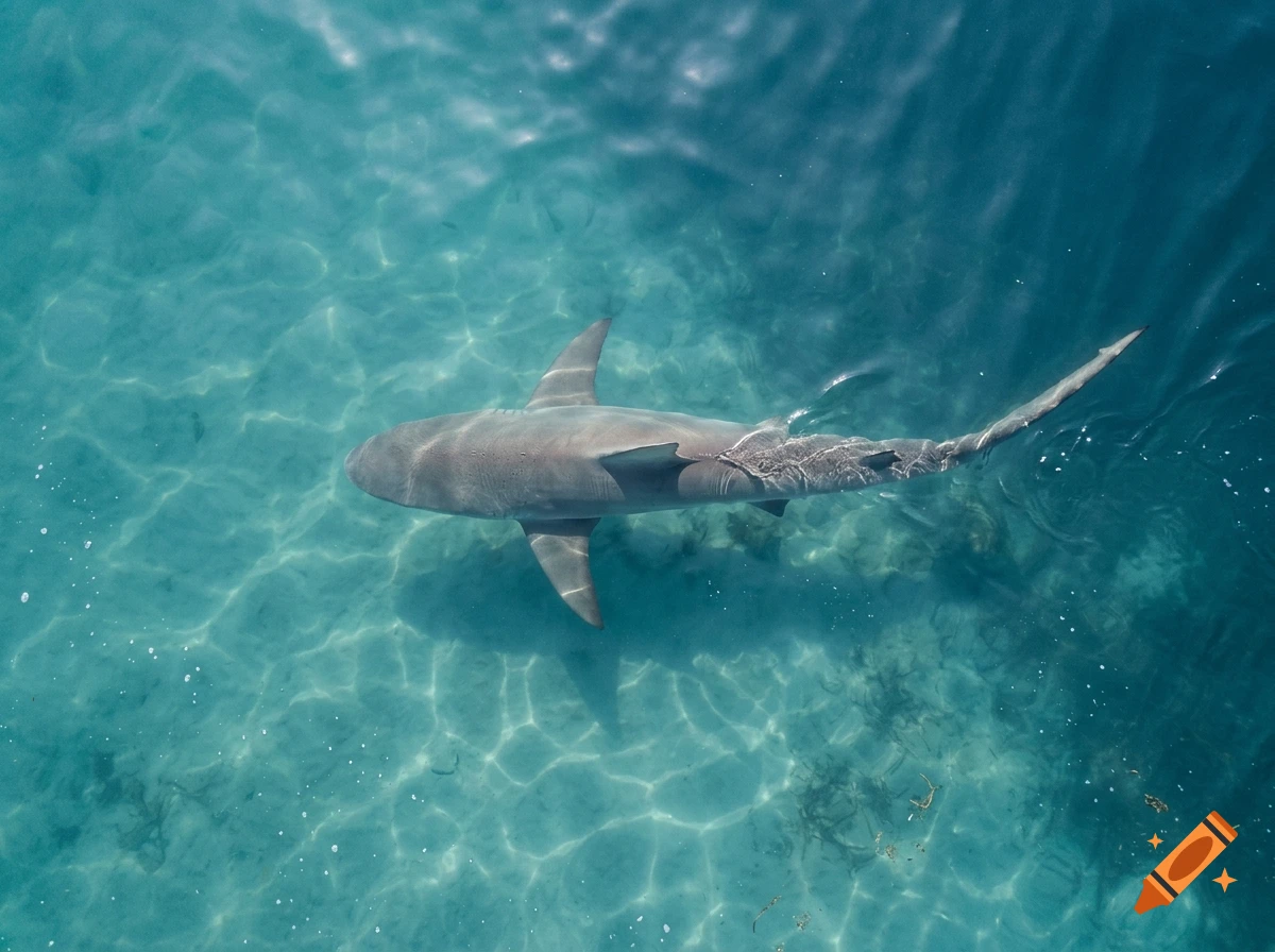 Aerial view of a shark swimming in clear turquoise ocean water.