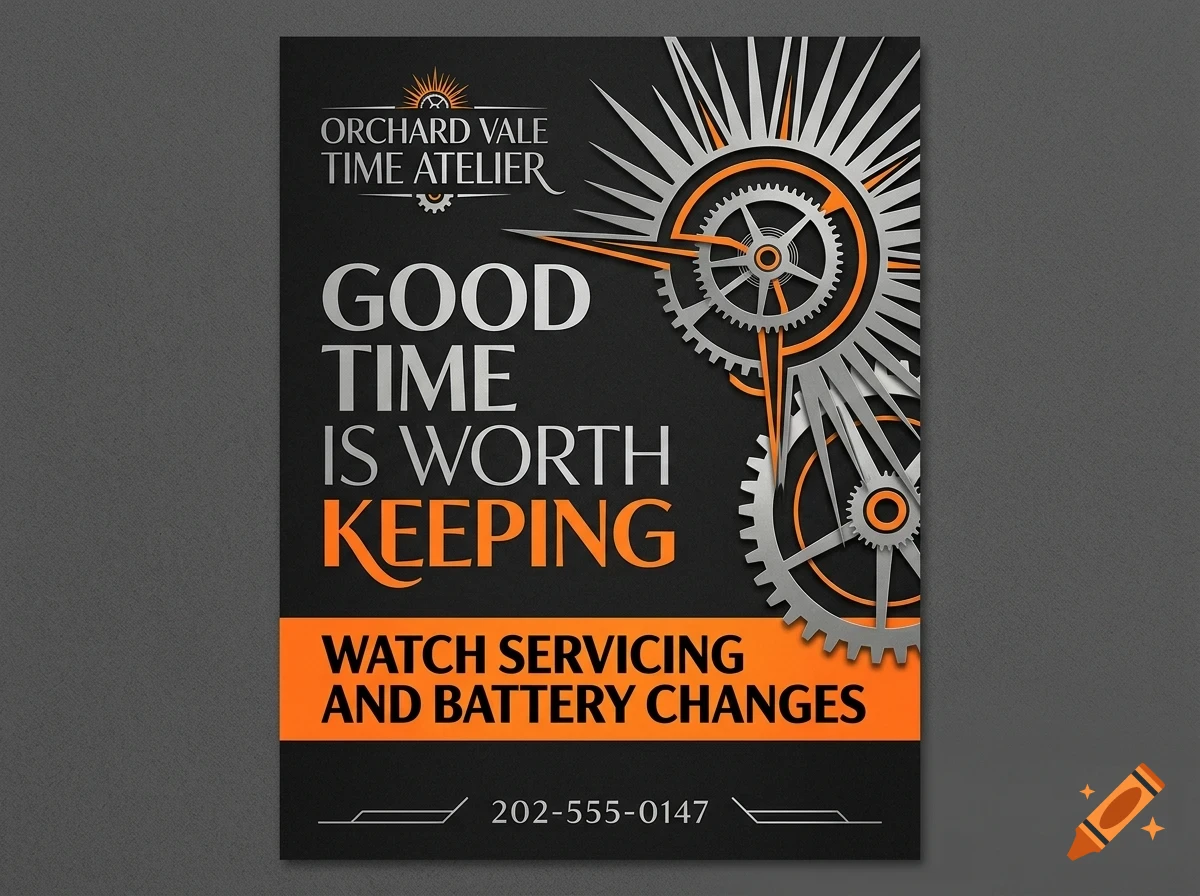 An advertisement featuring watch gears, typography reading Orchard Vale Time Atelier, and contact details on a dark background.