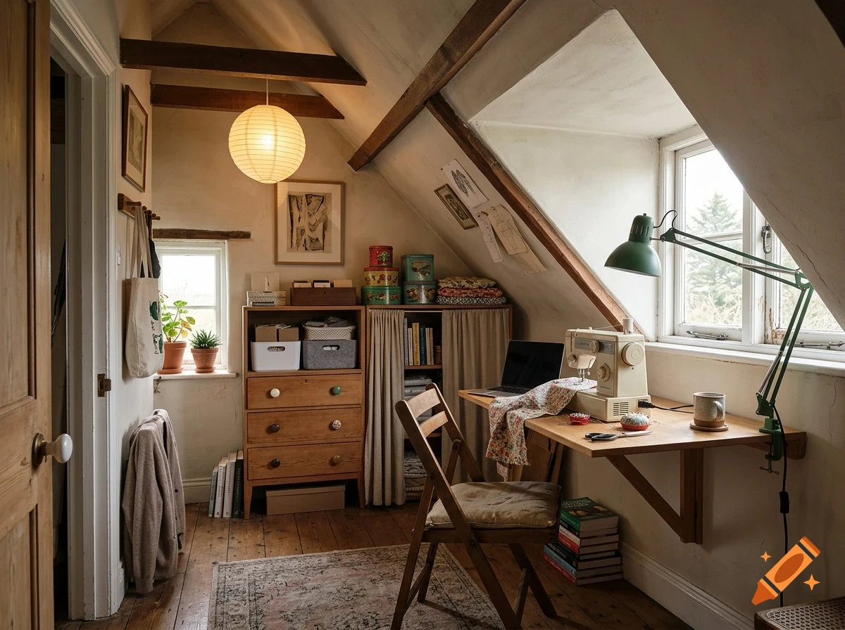 An attic room converted into a cozy workspace with a wooden desk, sewing machine, laptop, and a green desk lamp near a sloping window.