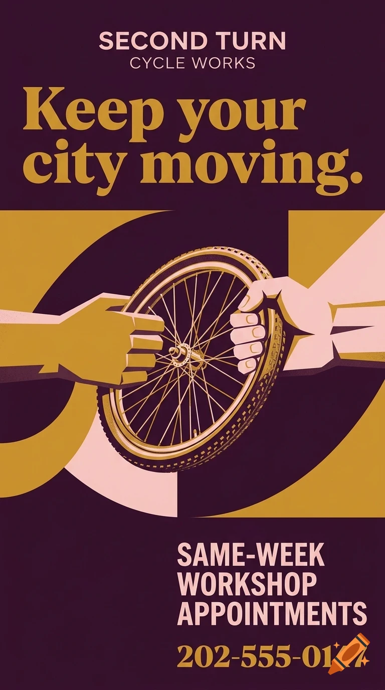 A poster illustration showing two hands holding a bicycle wheel, with the text Second Turn Cycle Works and Keep your city moving.