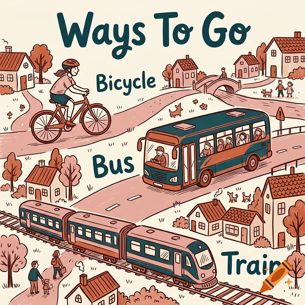 An illustrated poster titled Ways To Go featuring a person on a bicycle, a bus on a road, and a train on tracks amidst houses and trees.