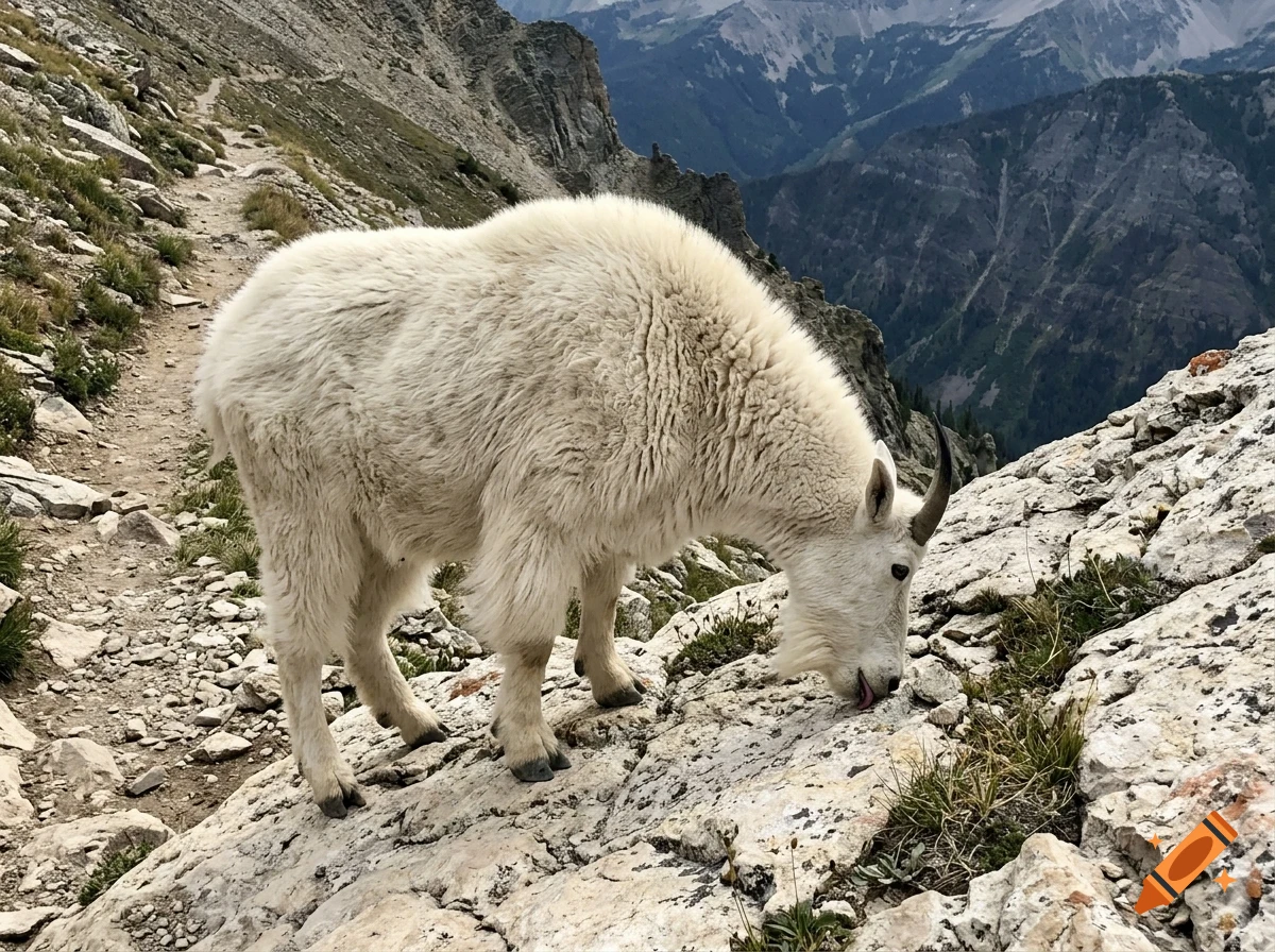 A mountain goat with thick white fur stands on a rocky mountain slope, grazing near a winding path with distant mountains in the background.