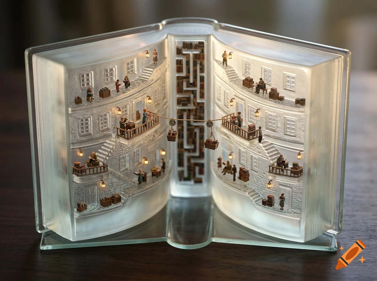 An illuminated miniature diorama inside an open glass book showing a multi-level library with tiny figures and balconies.