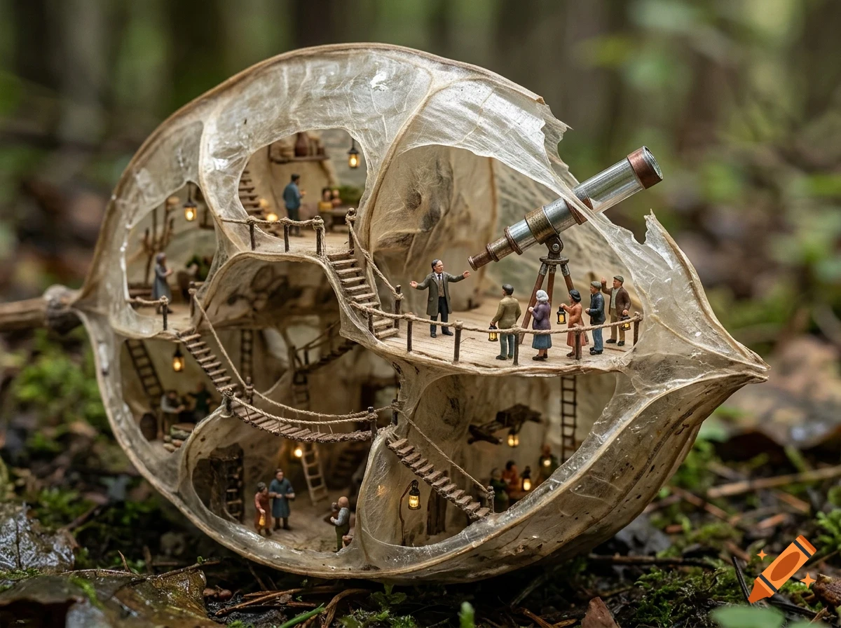 A detailed diorama of a multi-level tiny home built inside a hollowed-out, translucent seed pod, inhabited by miniature people with lanterns and a telescope.