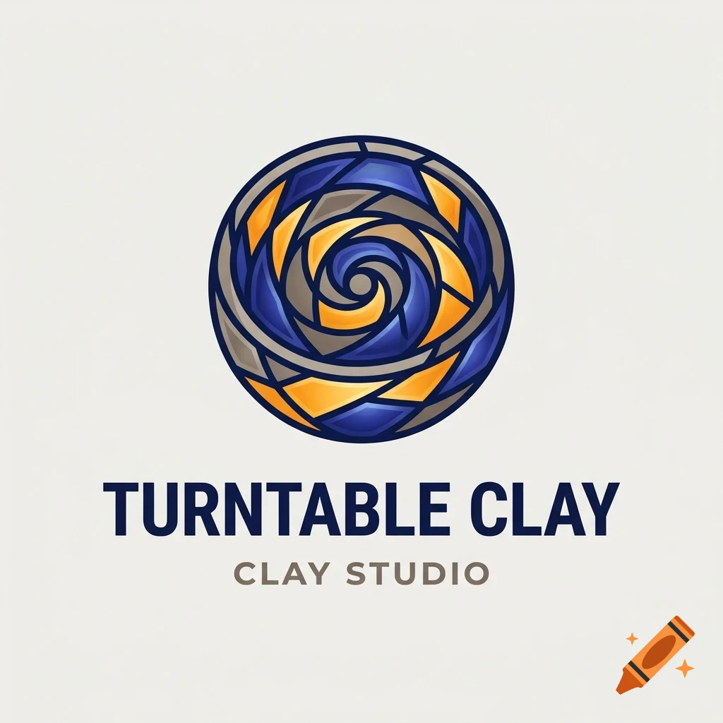A circular stained-glass style logo with blue, yellow, and grey segments, accompanied by the text TURNTABLE CLAY CLAY STUDIO.