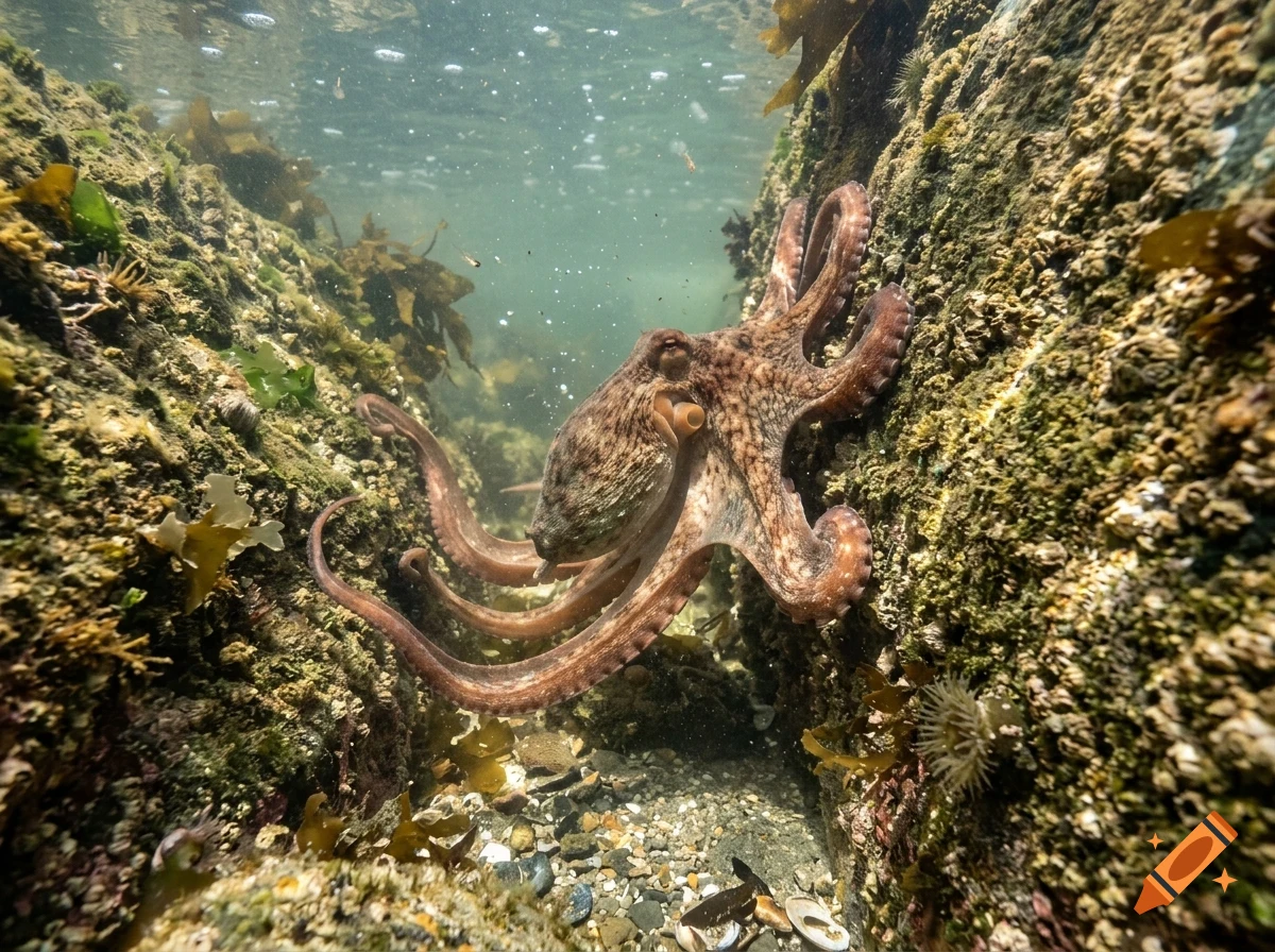 An octopus in shallow water clinging to a rocky reef.