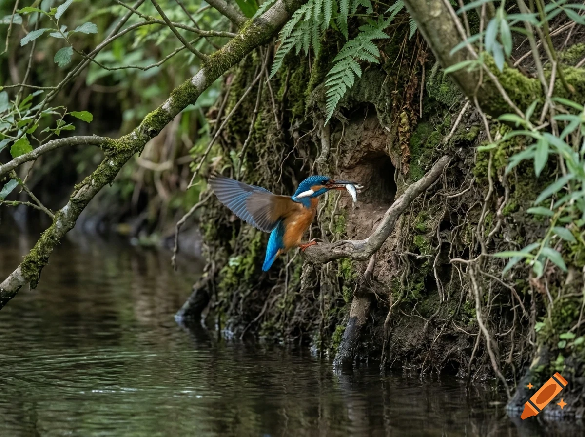 A kingfisher bird holding a small fish in its beak near a burrow on a riverbank with tree roots and foliage.