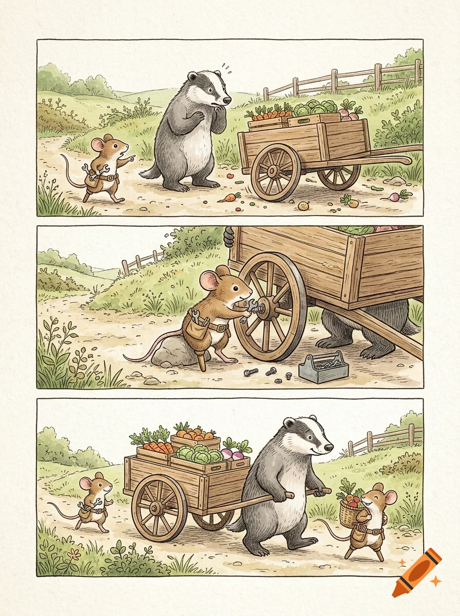 A three-panel comic illustration shows a mouse fixing a broken wheel on a badger's vegetable cart.