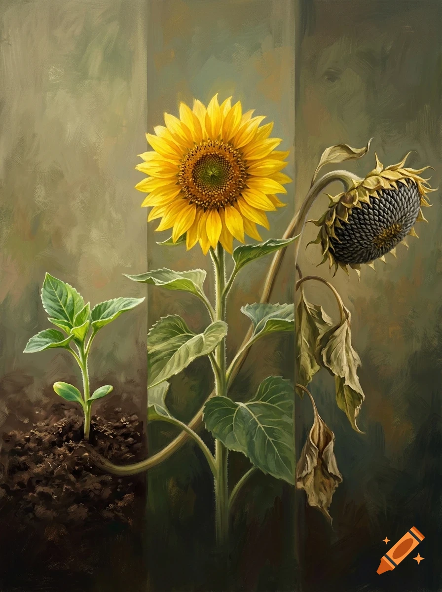 An oil painting depicting the life cycle of a sunflower, showing a seedling sprouting, a fully bloomed yellow sunflower, and a wilting dead sunflower.