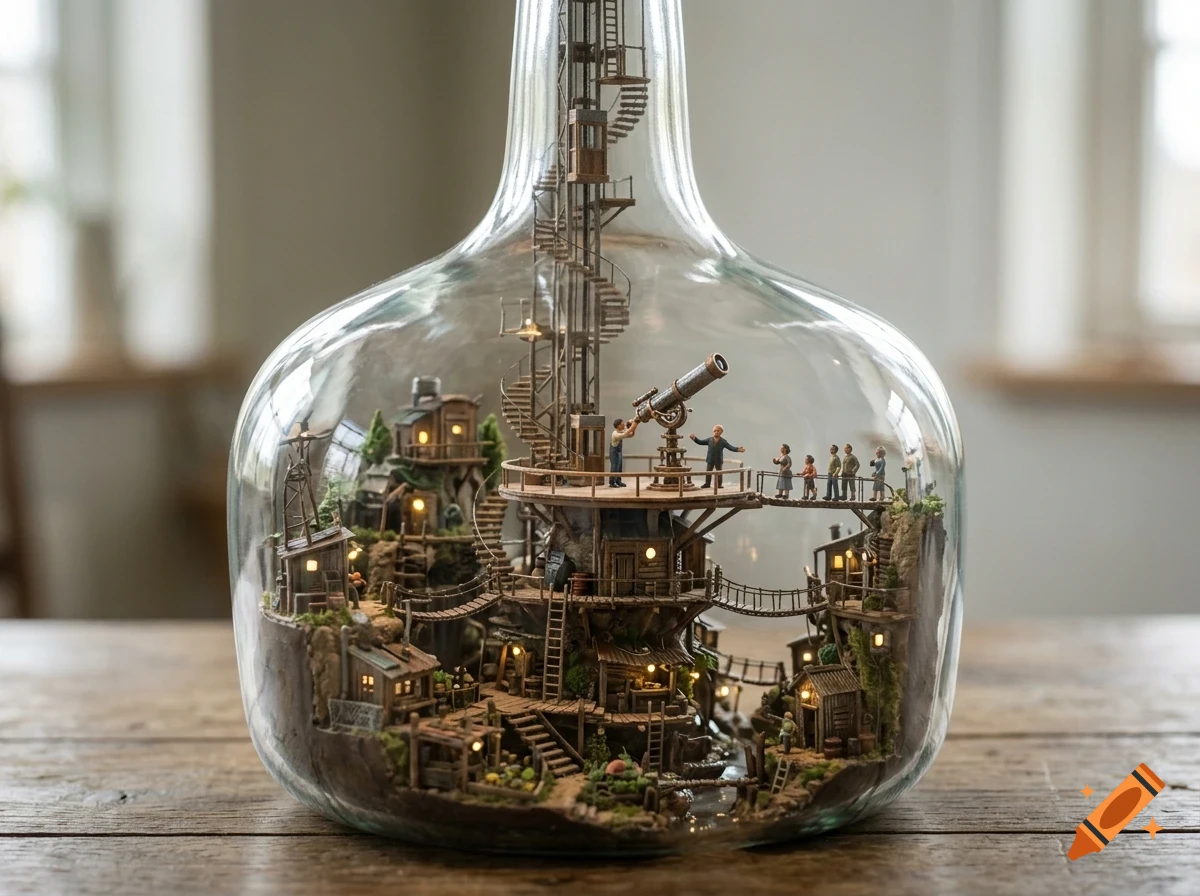 A detailed miniature world inside a large glass bottle, featuring tiny houses, a tall spiral staircase, and miniature people looking through a telescope.