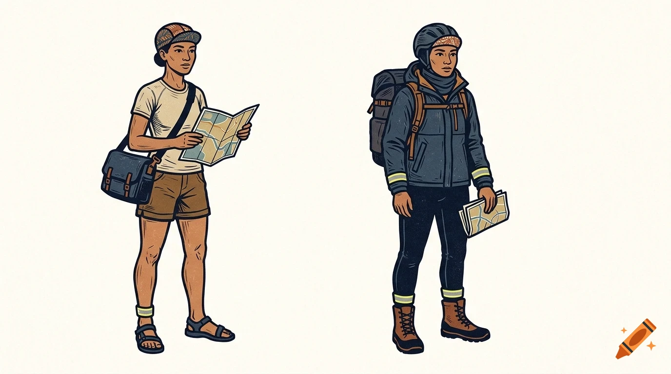 Illustration of two hikers holding maps, one with a shoulder bag and shorts, and another with a backpack, jacket, and boots.
