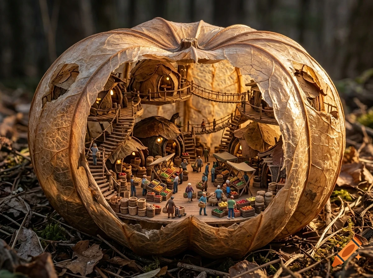A miniature village built inside a hollowed-out dried pumpkin shell, featuring tiny houses, wooden walkways, and miniature figures.