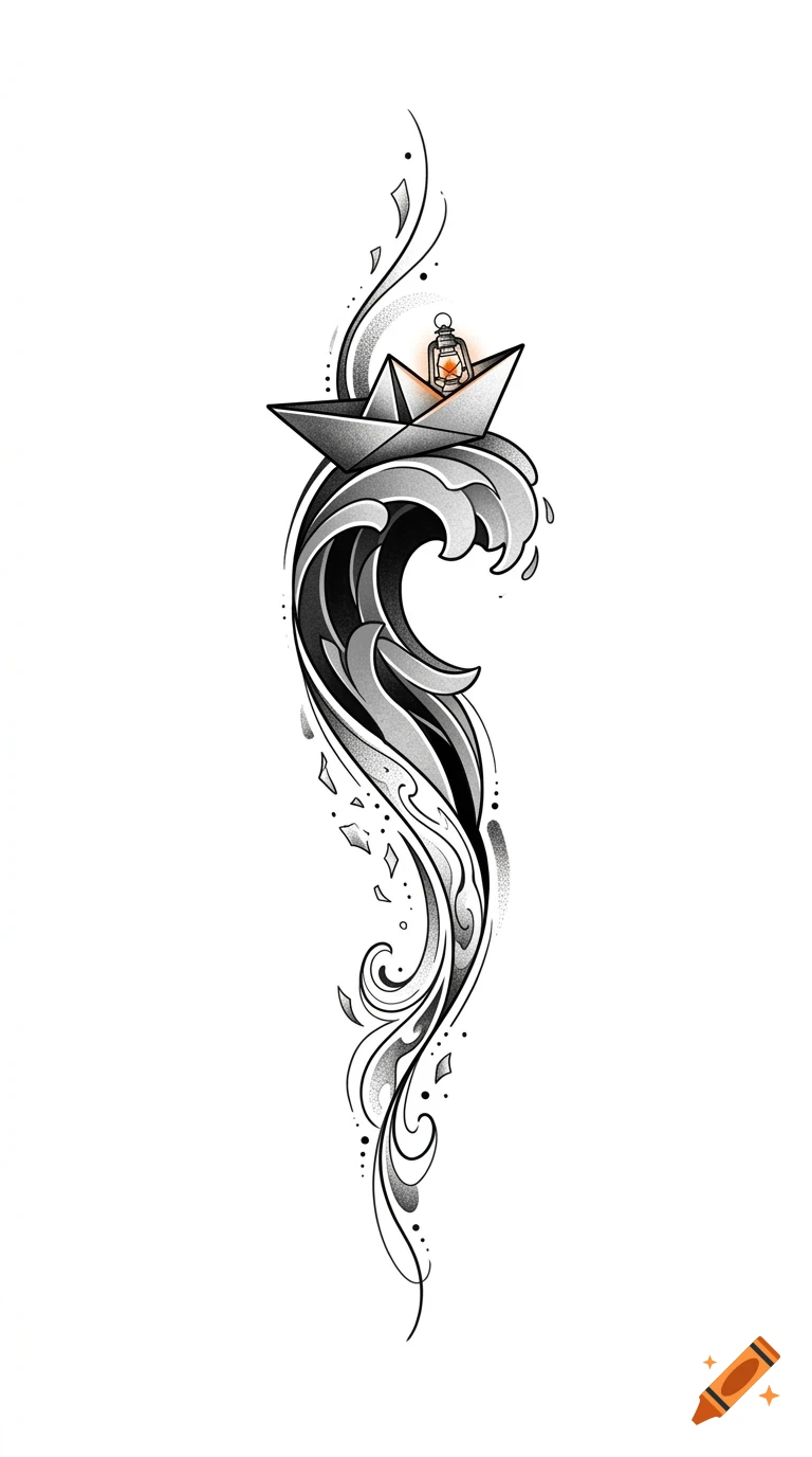 An ink and pencil drawing of a paper boat with a glowing lantern riding on a stylized wave.