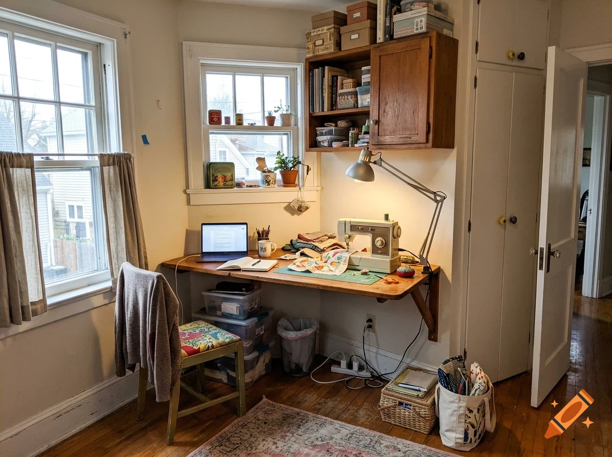 A craft corner in a room featuring a wooden desk, a sewing machine, a laptop, shelves, and a chair.