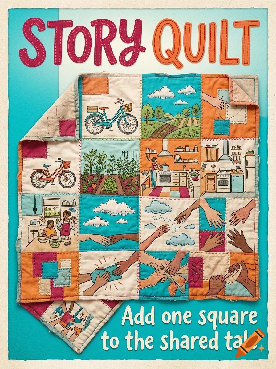 An illustration of a patchwork quilt with various squares depicting scenes like bicycles, nature, kitchens, and hands interacting, under the title 'STORY QUILT'.