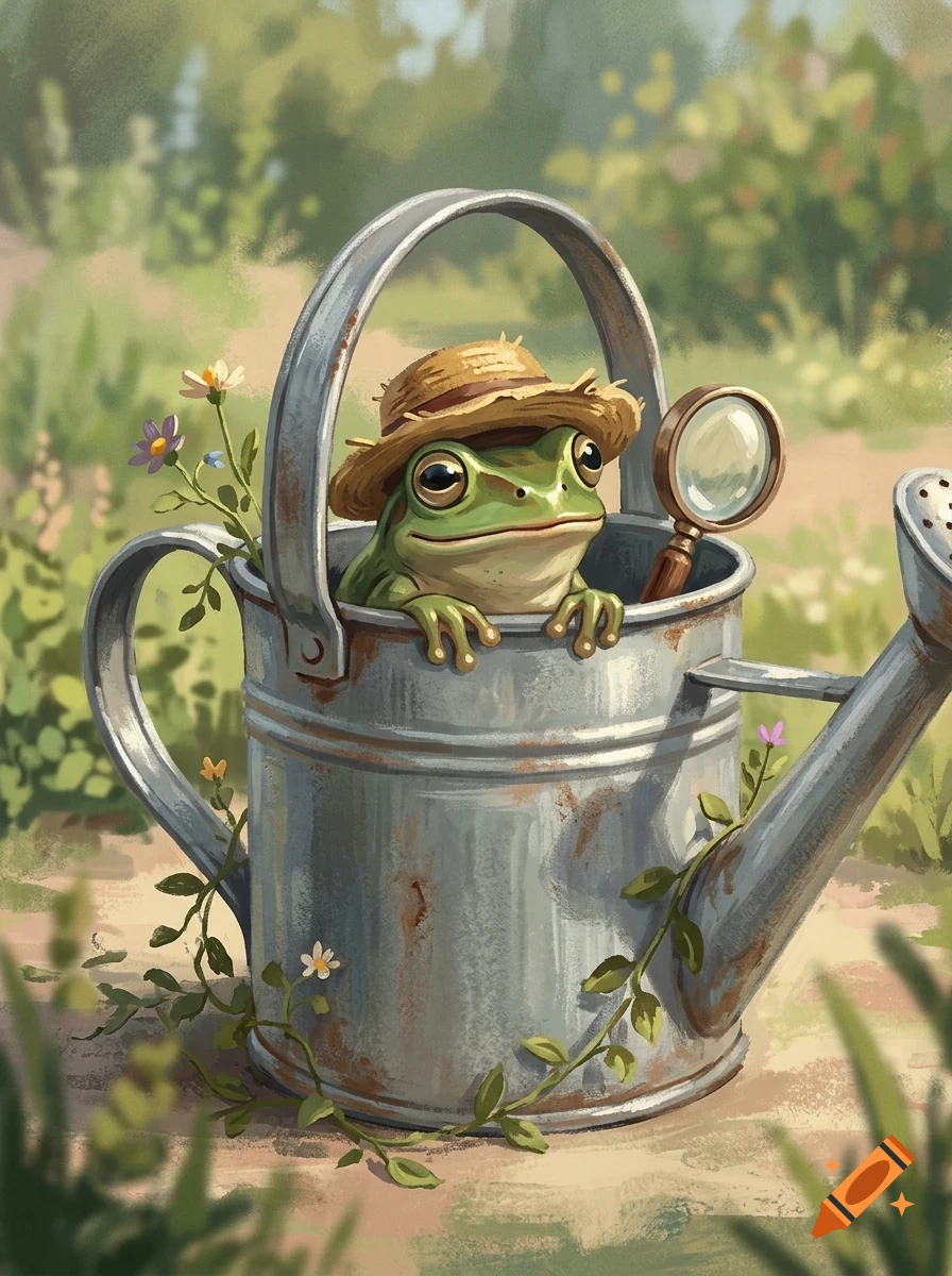 A cute green frog wearing a straw hat sits inside a rusty metal watering can holding a magnifying glass in a garden.