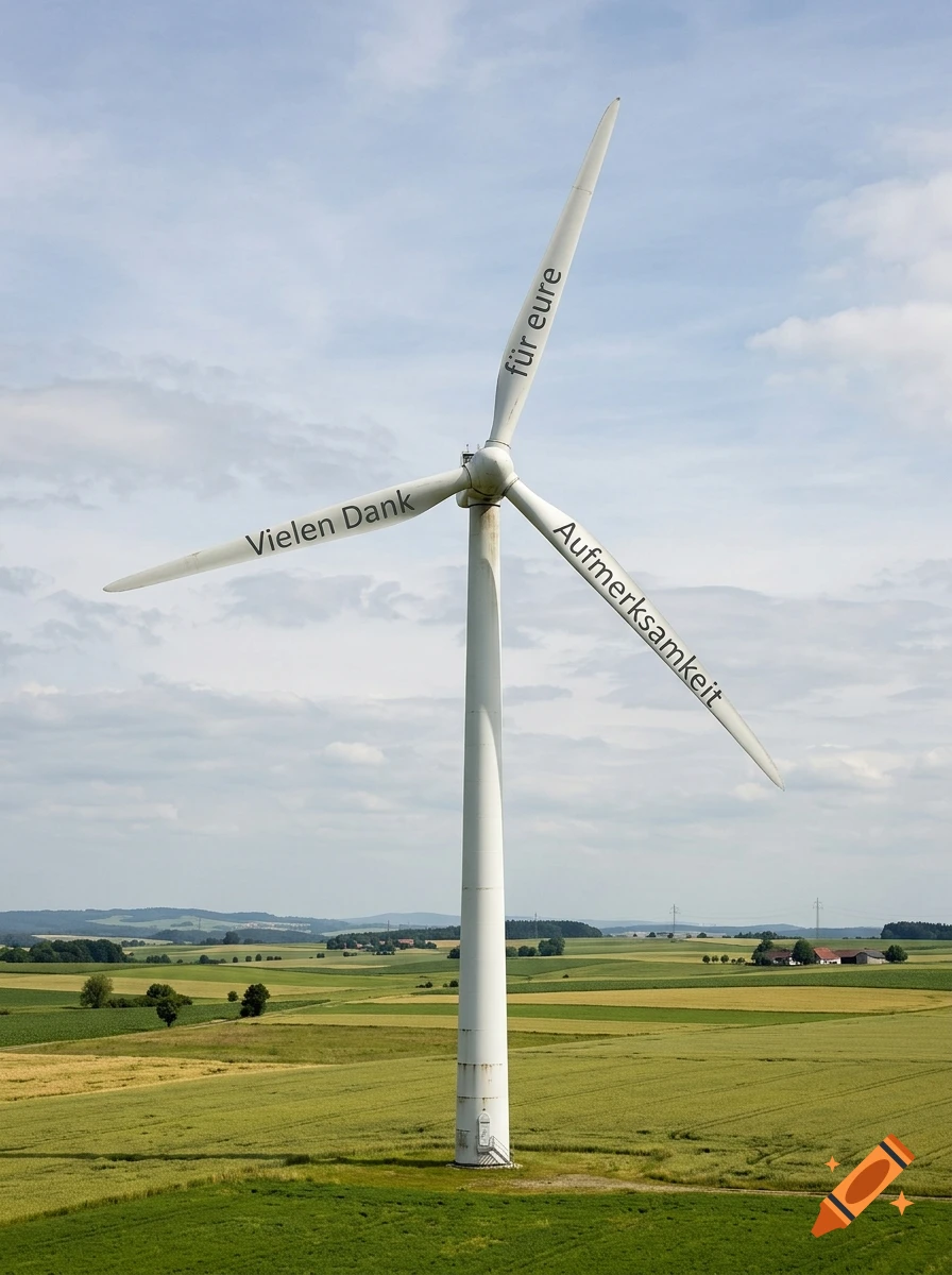 A photorealistic wind turbine in a green field with German text on its blades under a cloudy sky.