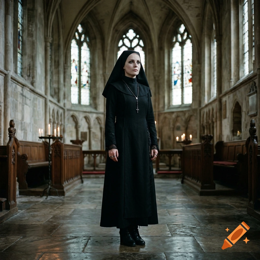 Photorealistic image of a woman dressed as a goth nun standing in the aisle of a historic stone church.