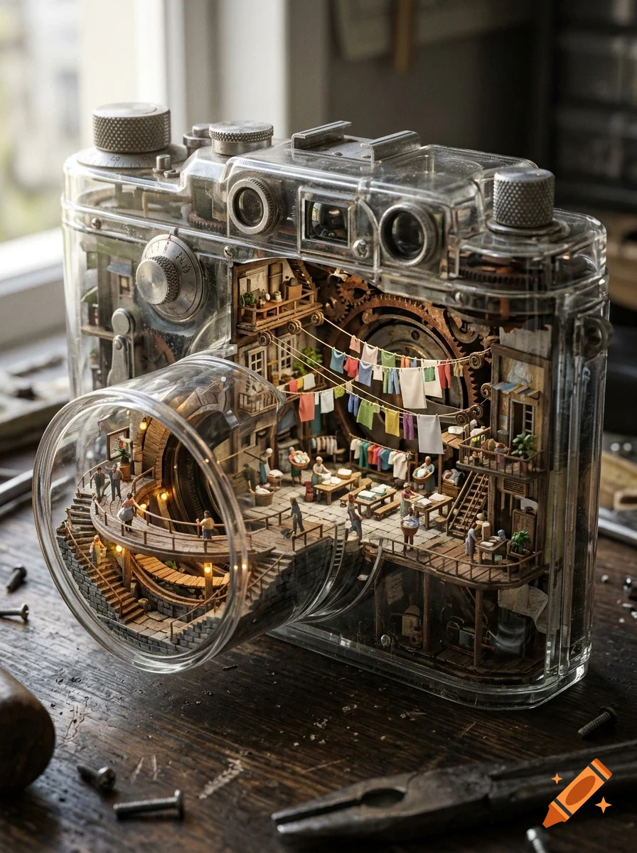 A transparent vintage camera containing a miniature village scene inside with tiny people and a laundry line.
