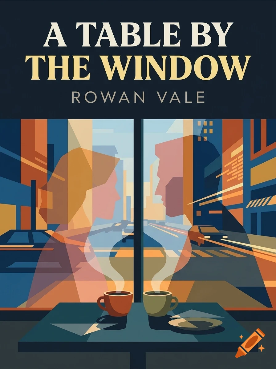 Book cover illustration showing two people silhouetted in a window with coffee cups on a table, overlooking a city street.