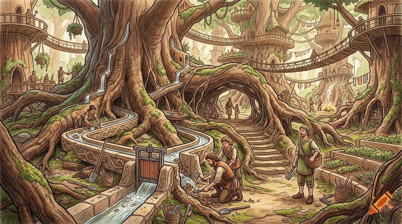 An illustrated fantasy village built within giant trees, featuring people working, rope bridges, and a running water system.