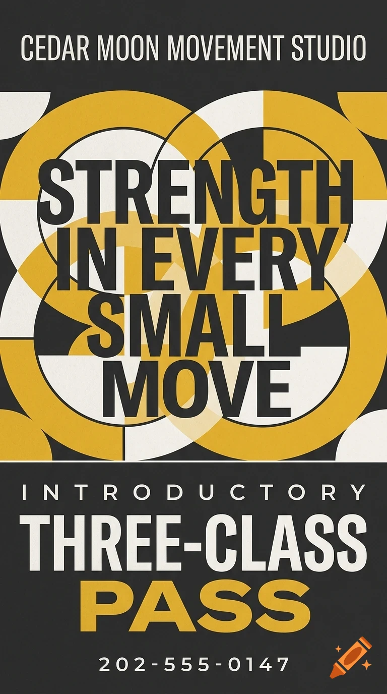 An informational poster for Cedar Moon Movement Studio featuring geometric circular patterns and bold typography in yellow, black, and white.