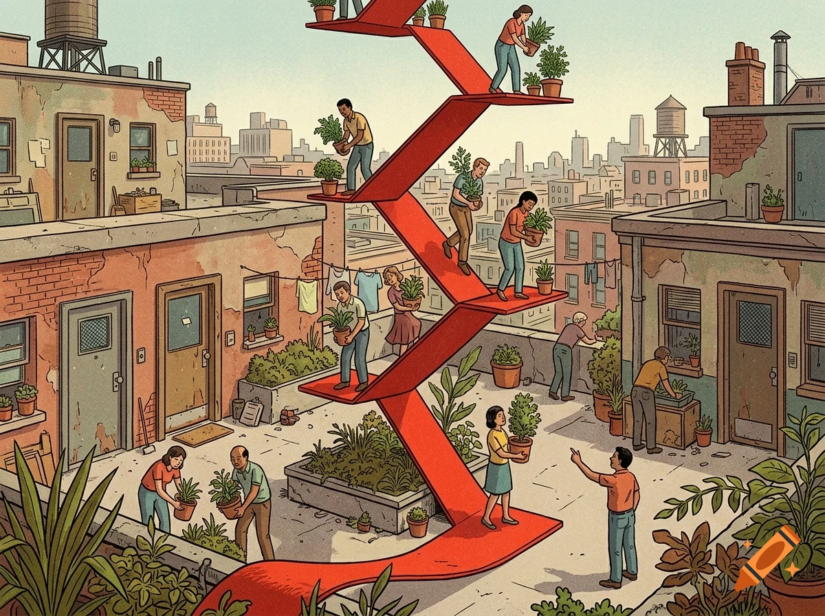 An illustration showing people carrying potted plants up a zig-zagging red staircase across urban rooftops.