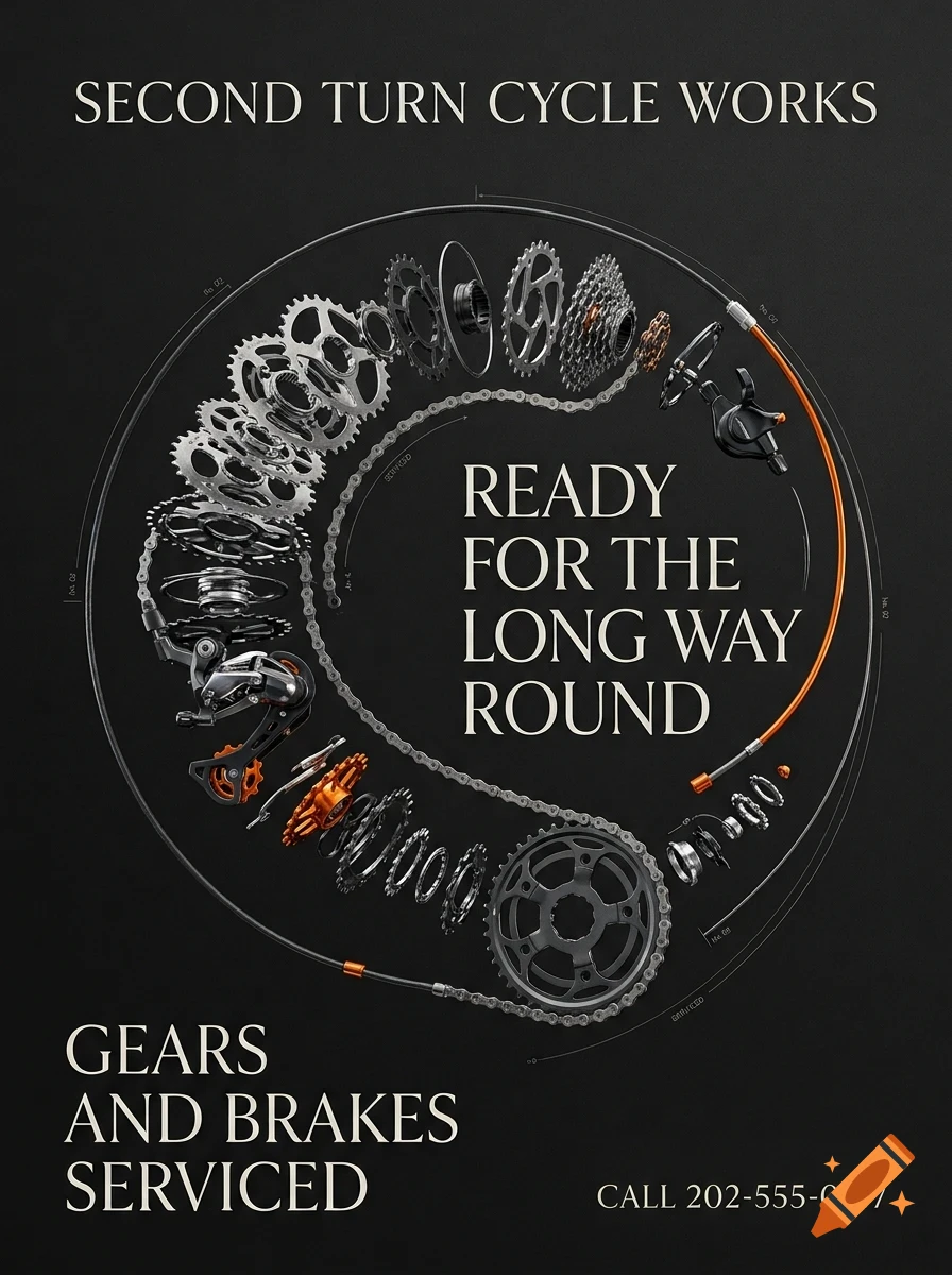 An advertisement for Second Turn Cycle Works showing disassembled bicycle gears, chain, and brakes arranged in a circle with text saying READY FOR THE LONG WAY ROUND.