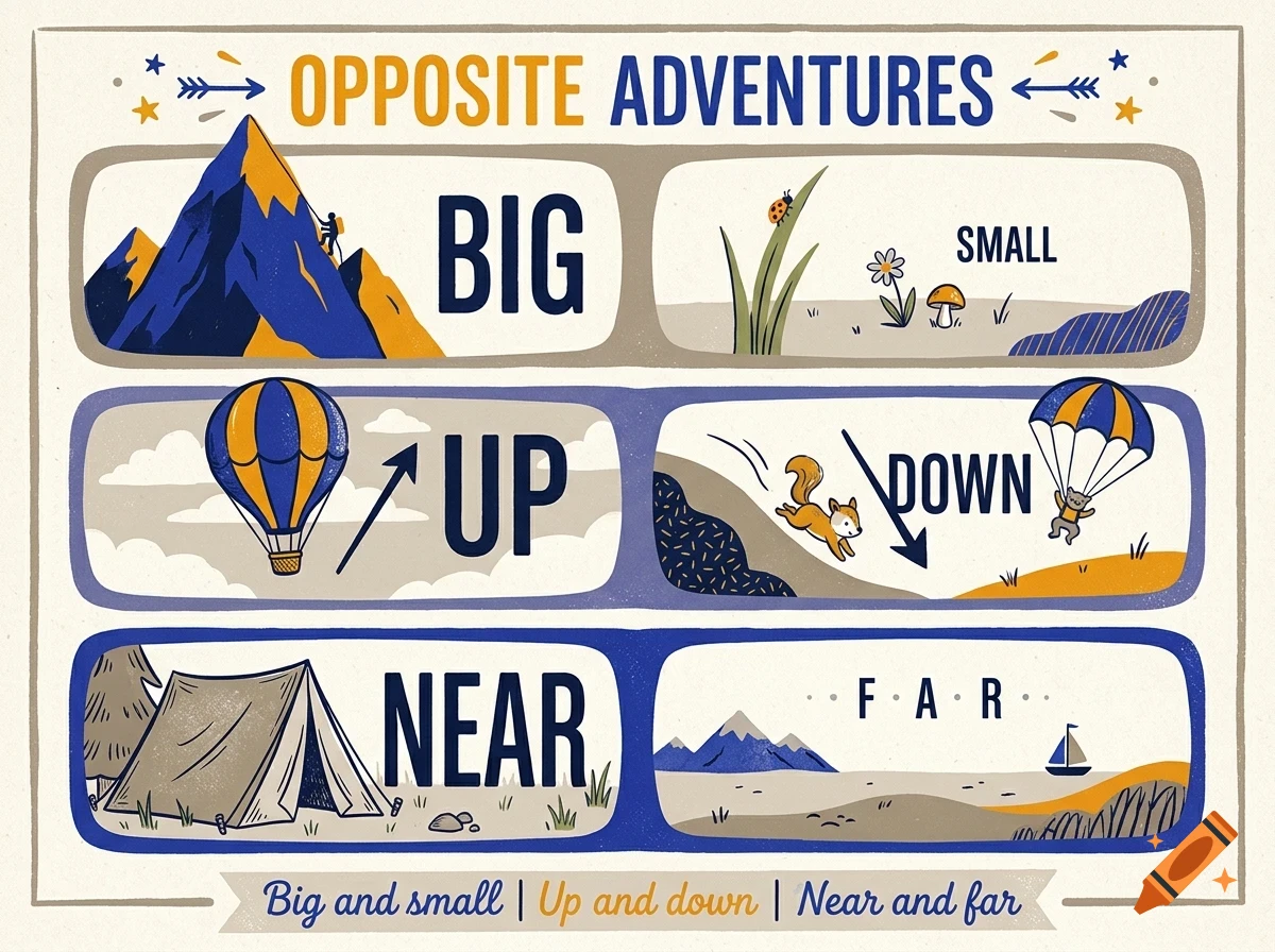 An educational illustration titled 'Opposite Adventures' showing panels depicting big and small, up and down, and near and far concepts.