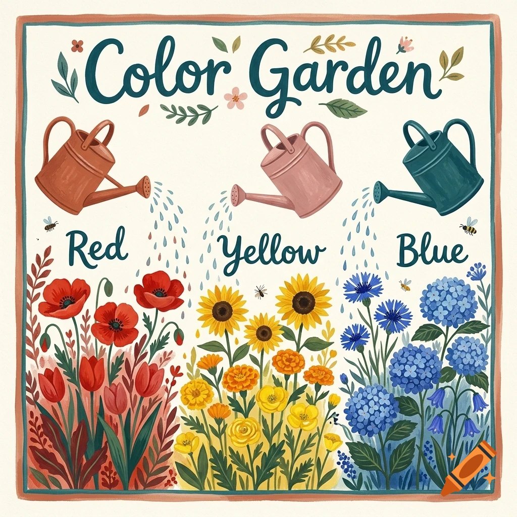 An illustration titled Color Garden featuring three watering cans pouring water over red, yellow, and blue flowers.