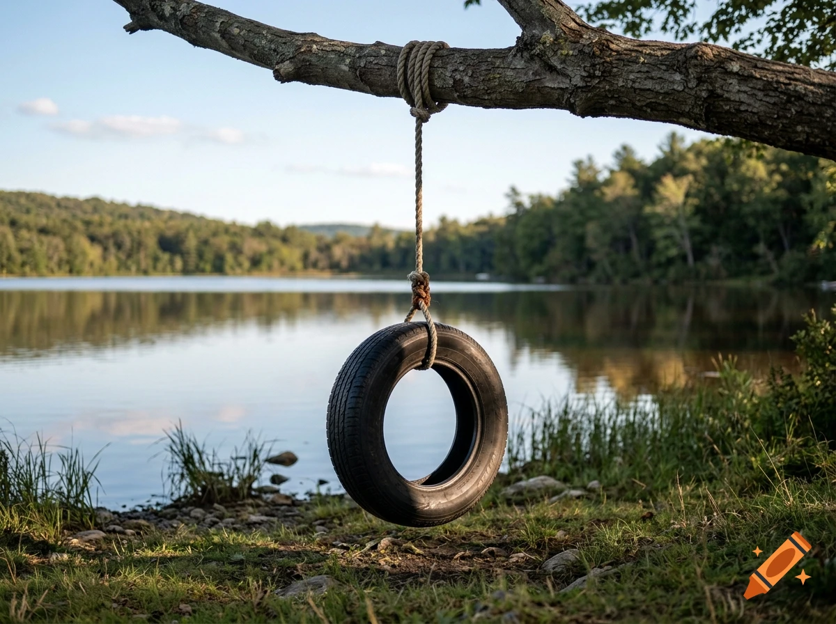 A tire swing hanging from a large tree branch over a calm lake with forested hills in the background, photorealistic.