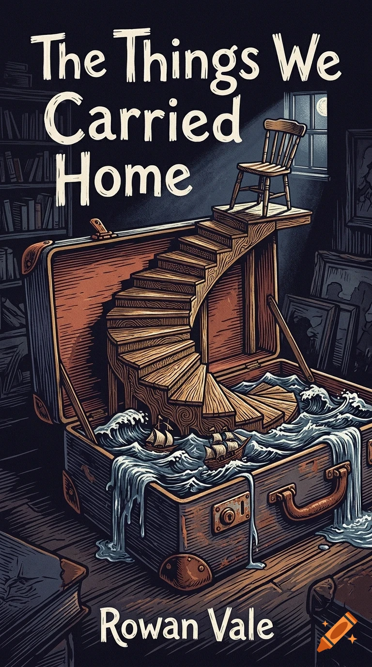 An illustrated book cover titled 'The Things We Carried Home' by Rowan Vale, featuring an open suitcase filled with water, a spiral staircase, and a chair inside a room.