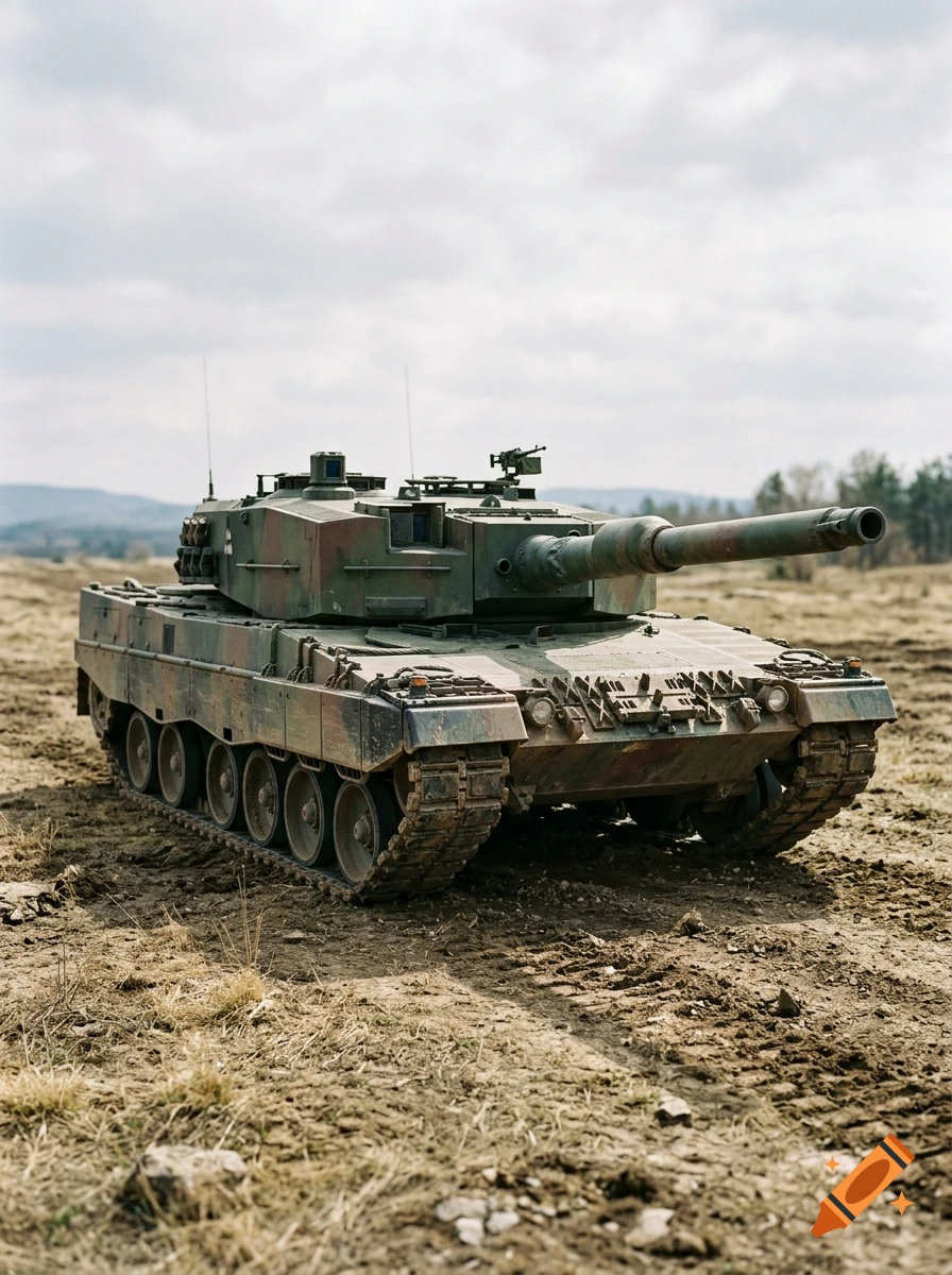 Photorealistic image of a camouflage military tank parked on a dirt field under an overcast sky.