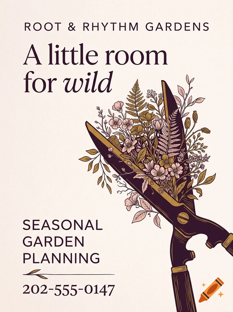 An illustrated poster featuring a pair of garden shears holding various flowers and foliage, with text reading 'ROOT & RHYTHM GARDENS' and 'A little room for wild'.