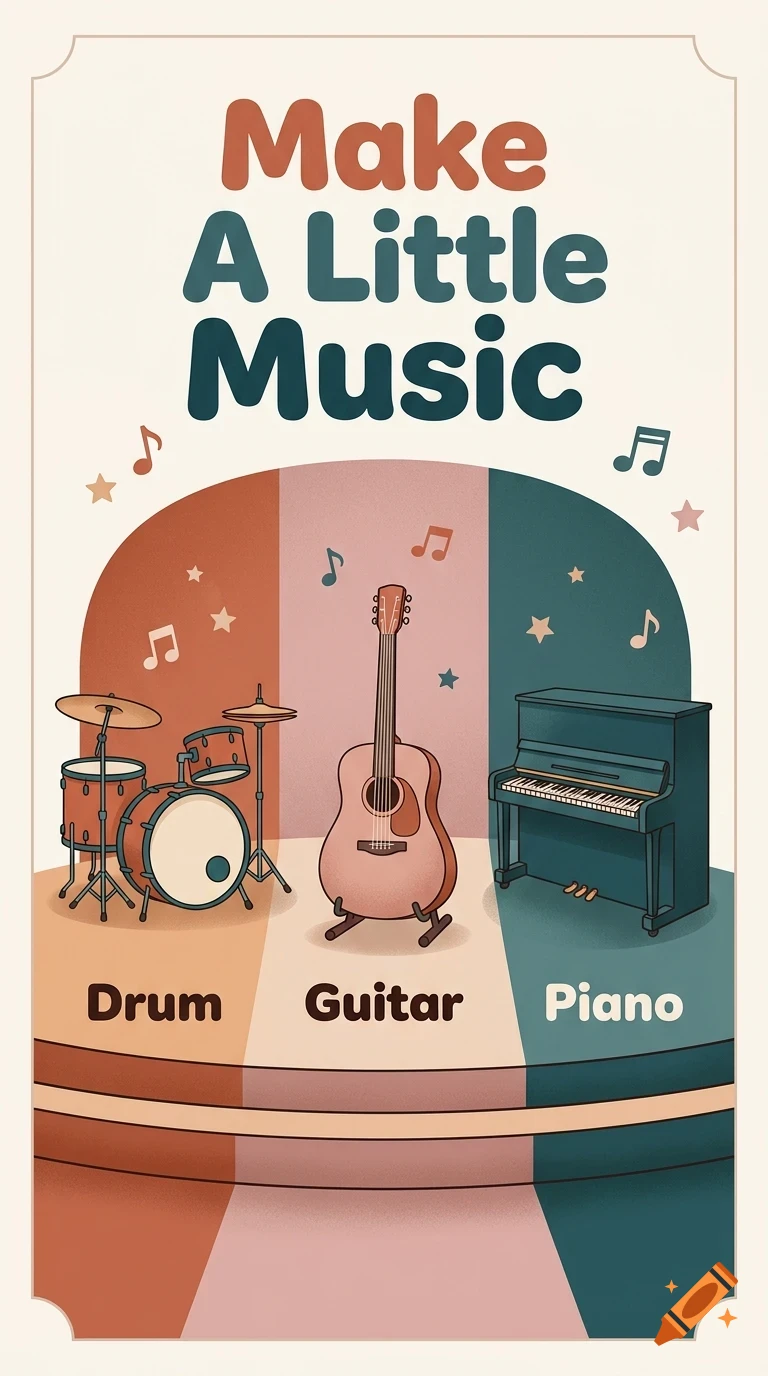 An illustrated poster featuring a drum set, acoustic guitar, and upright piano on a stage, with the text Make A Little Music.