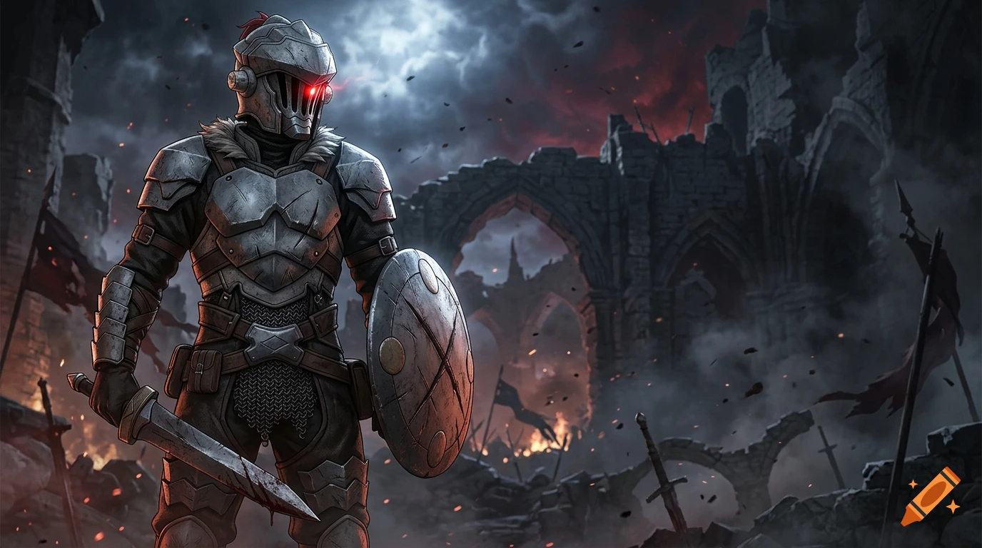 Goblin Slayer in armor with a glowing red eye, holding a sword and shield amidst ruined stone arches.