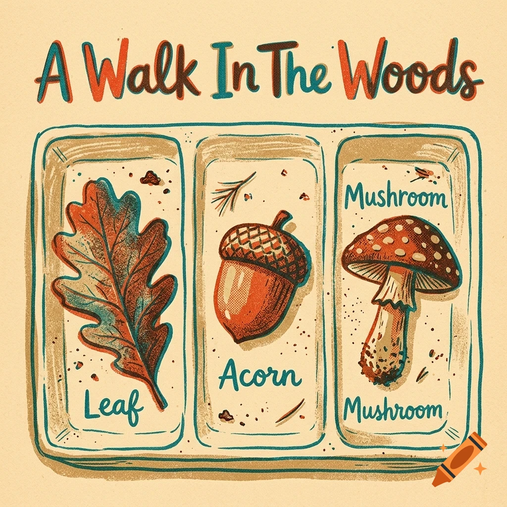 An illustrated educational chart titled A Walk In The Woods featuring a leaf, acorn, and mushroom in three divided compartments.