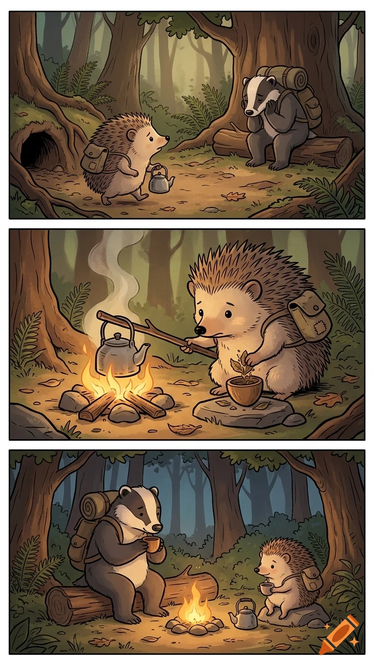 A three-panel comic strip showing an anthropomorphic hedgehog bringing a kettle to a sad badger in a forest, then making tea over a campfire, and finally both sharing tea by the fire.
