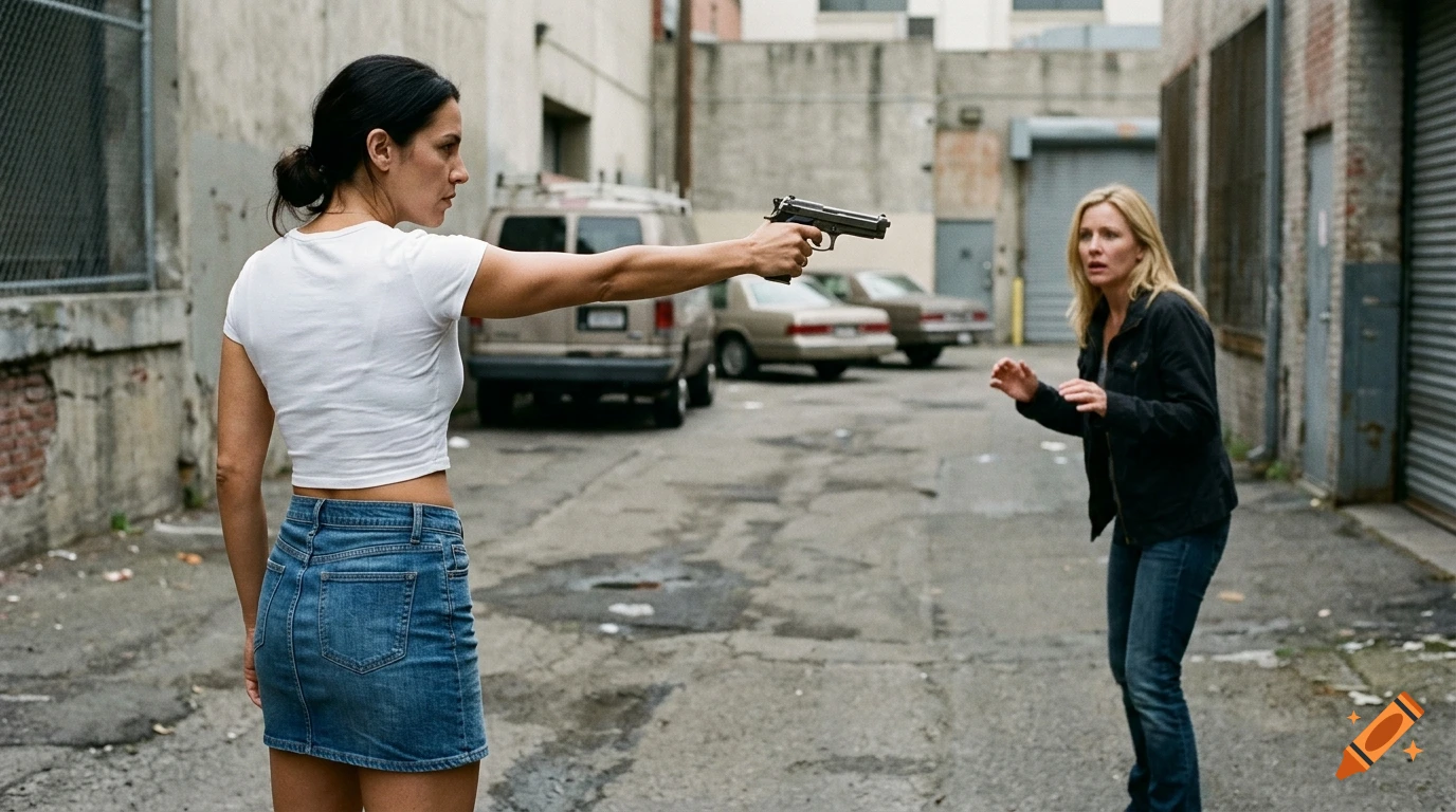 Photorealistic scene of a woman in a white crop top and denim skirt pointing a gun at another blonde woman in an alleyway.