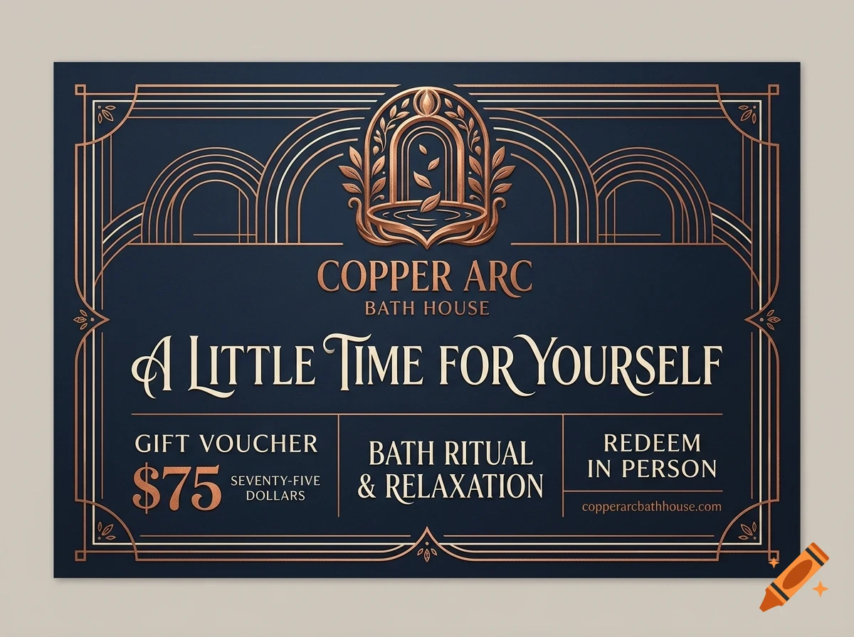A gift voucher for Copper Arc Bath House with copper foil-style art on a dark blue background, featuring text including 'A Little Time For Yourself', '$75', and 'Bath Ritual & Relaxation'.