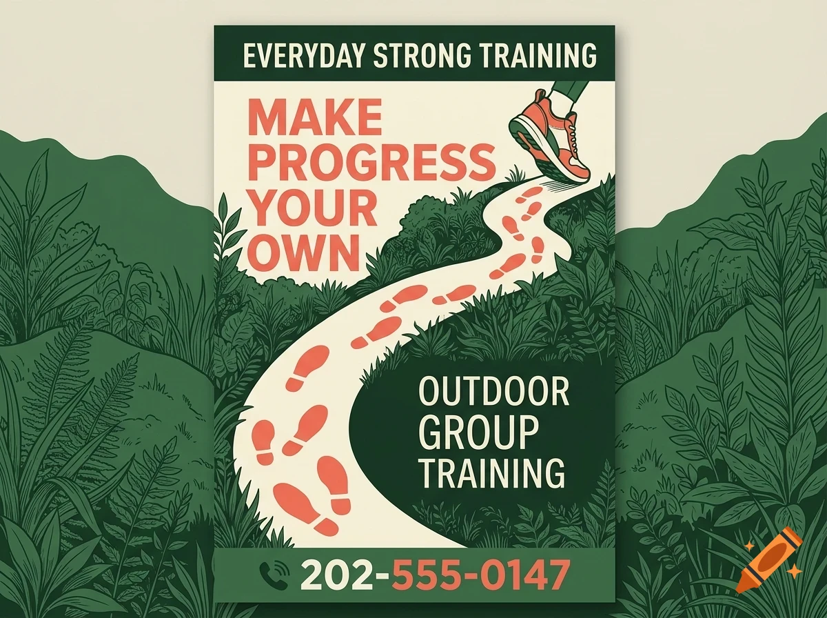 A poster for outdoor group training featuring a winding trail through a lush green landscape with footprints and motivational text.