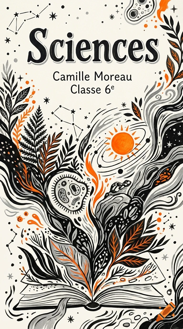 An illustrated science book cover with the title Sciences, featuring swirling botanical, celestial, and microscopic elements emerging from an open book.