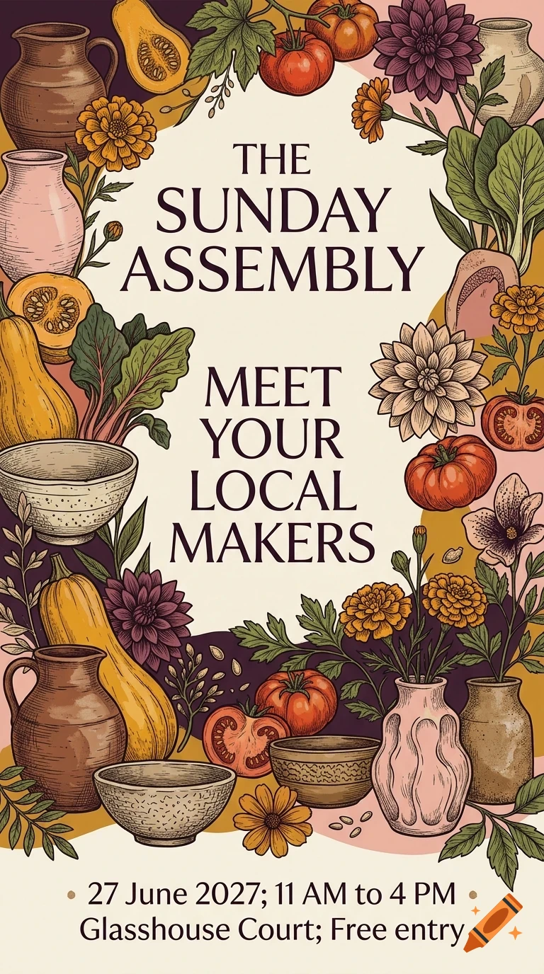 An illustrated poster with lettering reading 'THE SUNDAY ASSEMBLY MEET YOUR LOCAL MAKERS' surrounded by border artwork of produce, flowers, pottery, and bowls.