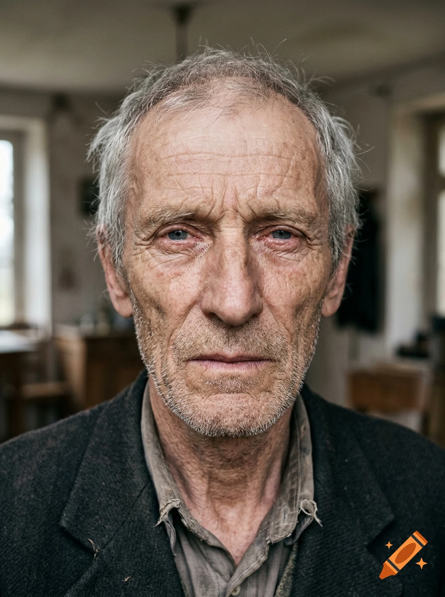 Close-up photorealistic portrait of an old, gaunt man with deep blue eyes, wrinkles, and grey hair, wearing a worn coat indoors.